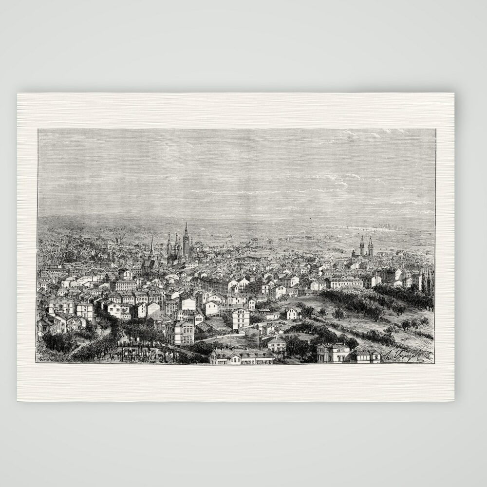 Wiesbaden, Blick über die Stadt – Holzstich, Kunstdruck auf Leinenpapier