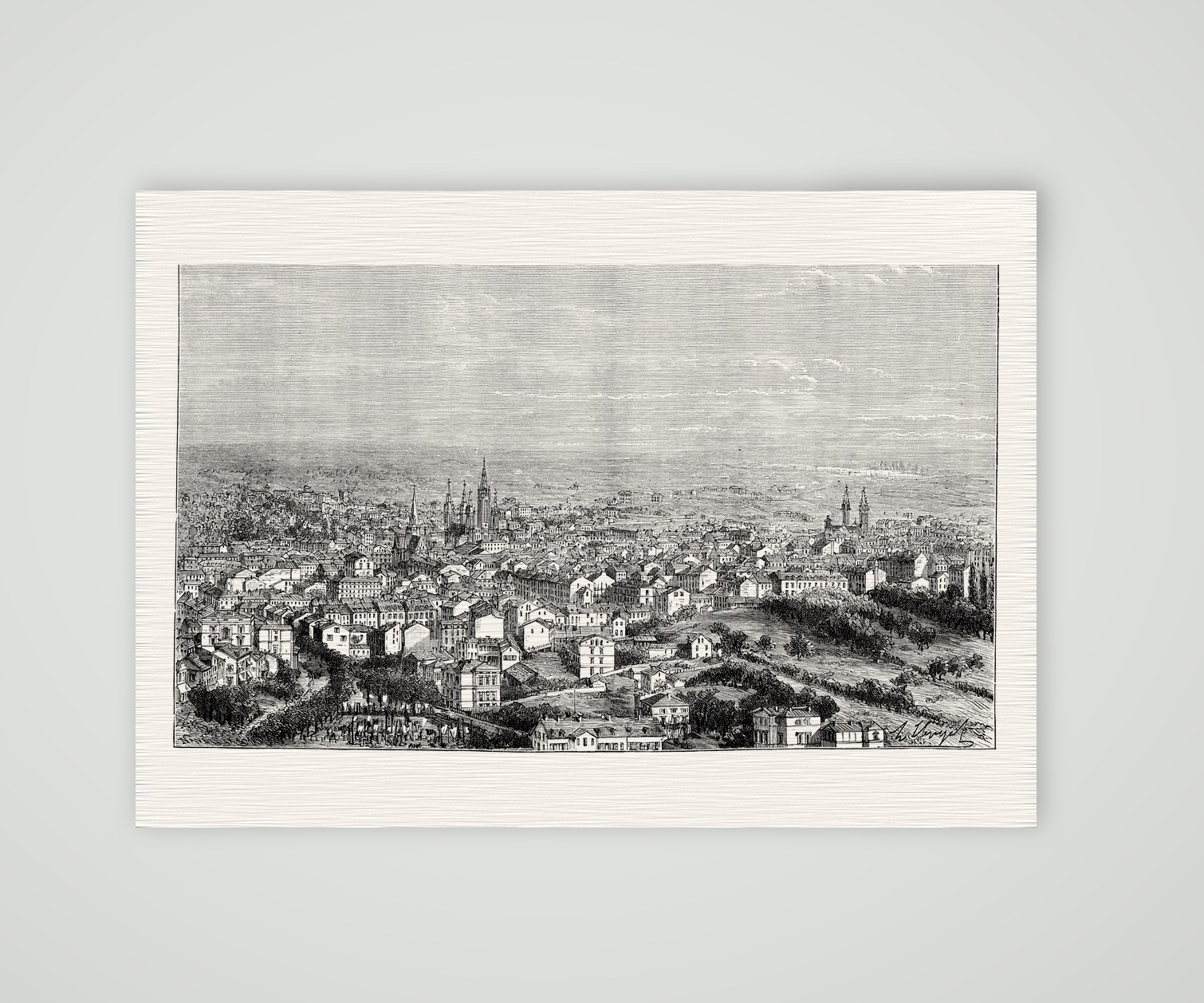 Wiesbaden, Blick über die Stadt – Holzstich, Kunstdruck auf Leinenpapier