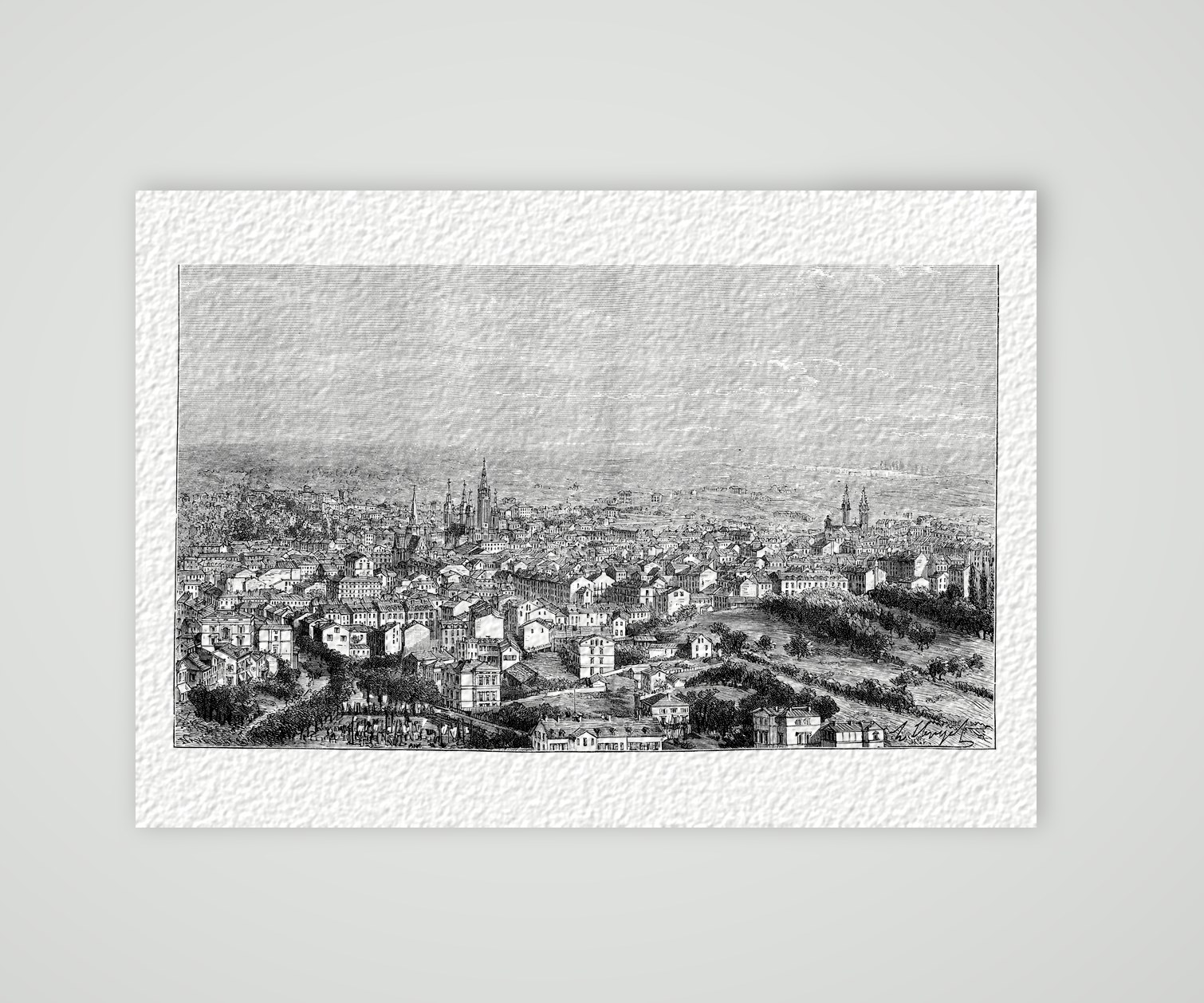 Wiesbaden, Blick über die Stadt – Holzstich, Kunstdruck auf Hahnemühle-Büttenpapier