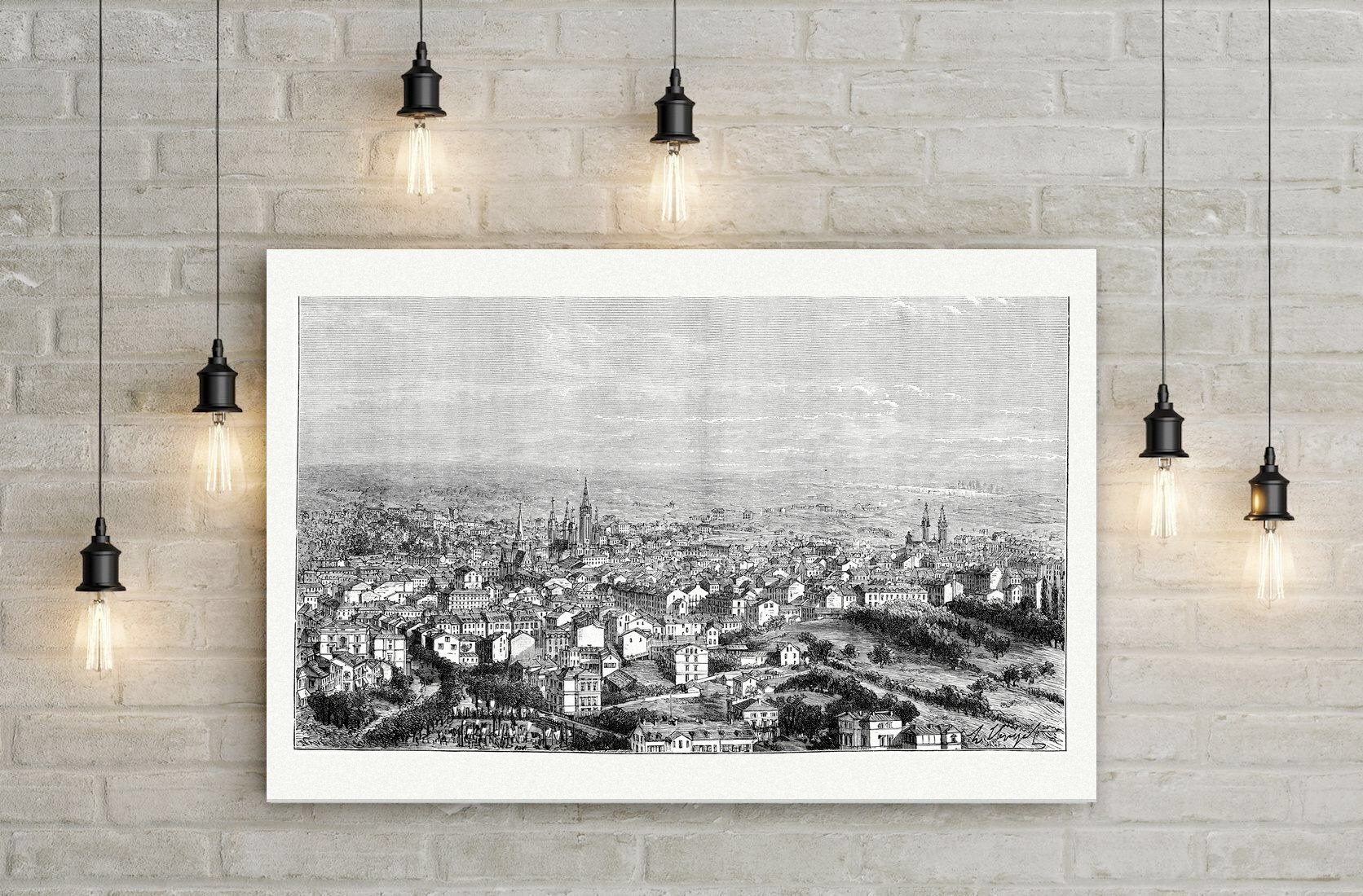 Wiesbaden, Blick über die Stadt – Holzstich, Leinwanddruck auf Holzkeilrahmen an der Wand
