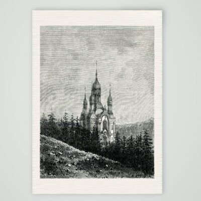 Wiesbaden, Russisch-Orthodoxe Kirche auf dem Neroberg, Holzstich von P. H. Clerget um 1880, Kunstdruck auf Leinenpapier