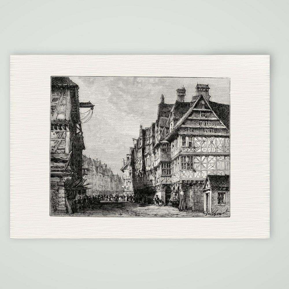 Frankfurt am Main, Gasse mit Fachwerkhäusern – Holzstich, Kunstdruck auf Leinenpapier