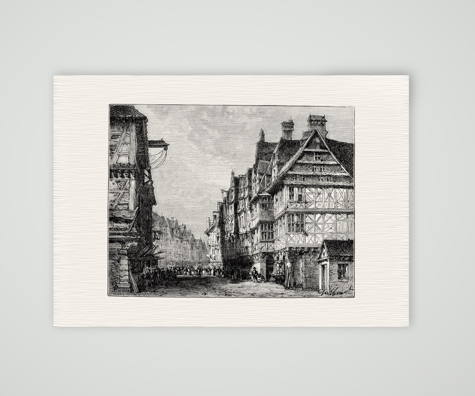 Frankfurt am Main, Gasse mit Fachwerkhäusern – Holzstich, Kunstdruck auf Leinenpapier