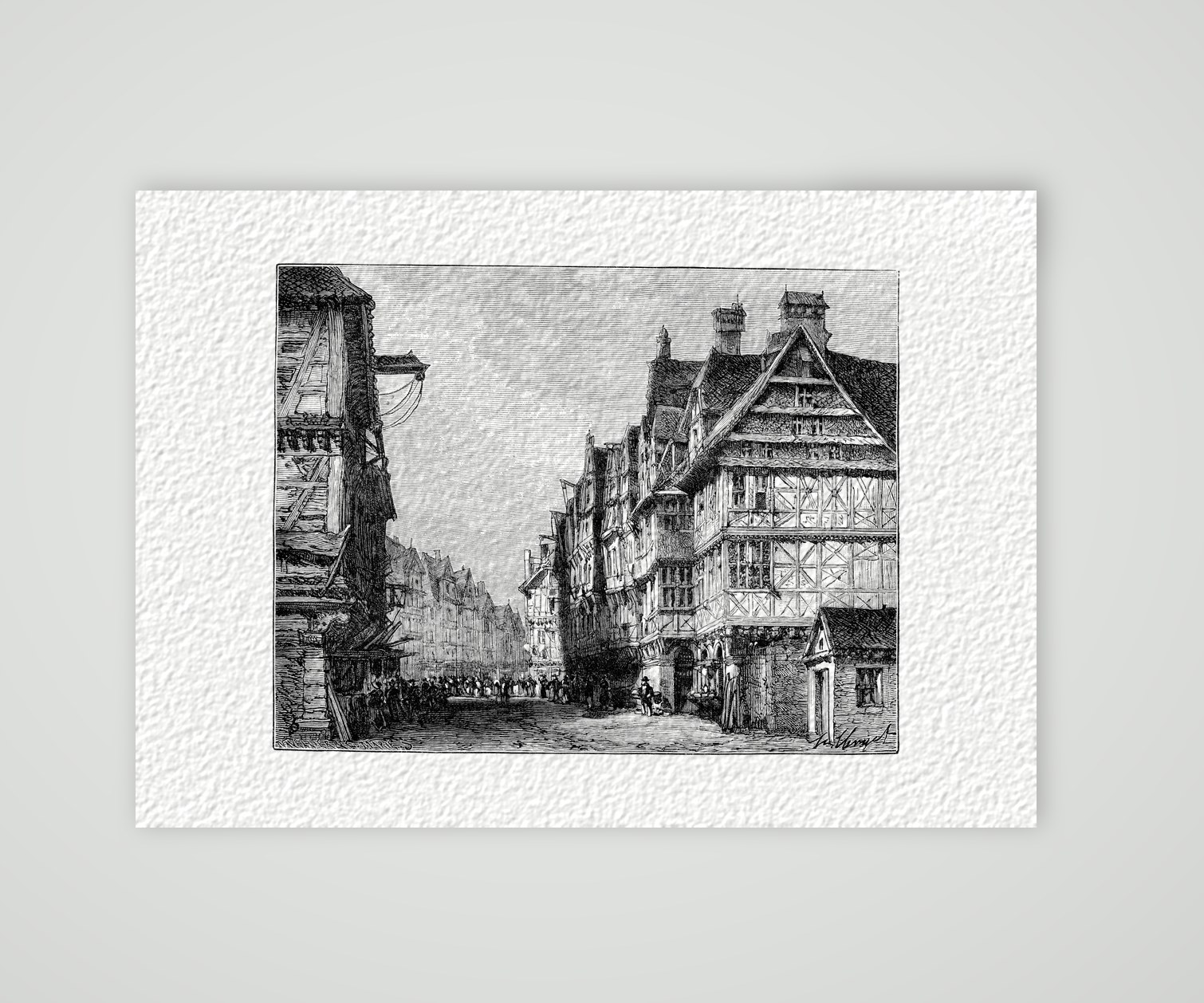 Frankfurt am Main, Gasse mit Fachwerkhäusern – Holzstich, Kunstdruck auf Hahnemühle-Büttenpapier