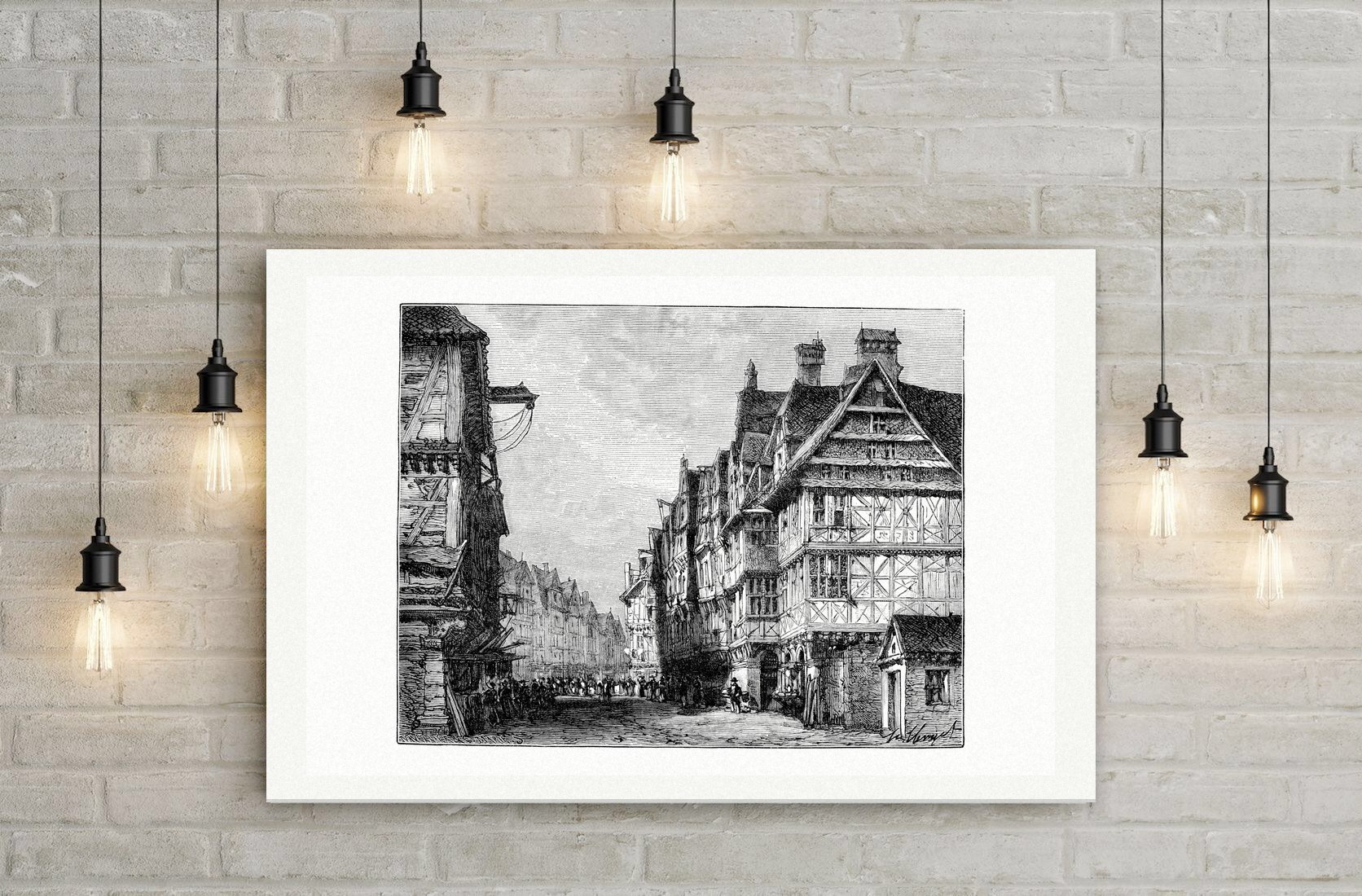 Frankfurt am Main, Gasse mit Fachwerkhäusern – Holzstich, Leinwanddruck auf Holzkeilrahmen an der Wand