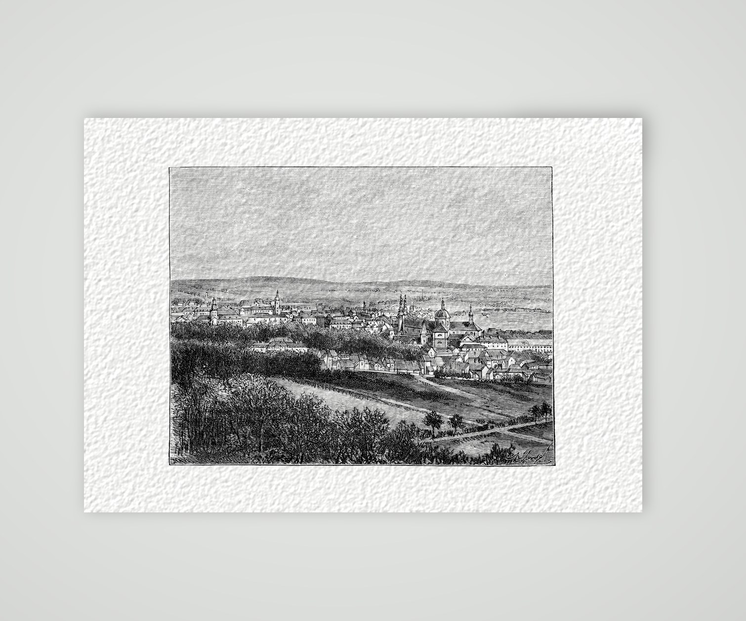 Fulda, Blick auf die Stadt mit dem Dom – Holzstich, Kunstdruck auf Hahnemühle-Büttenpapier
