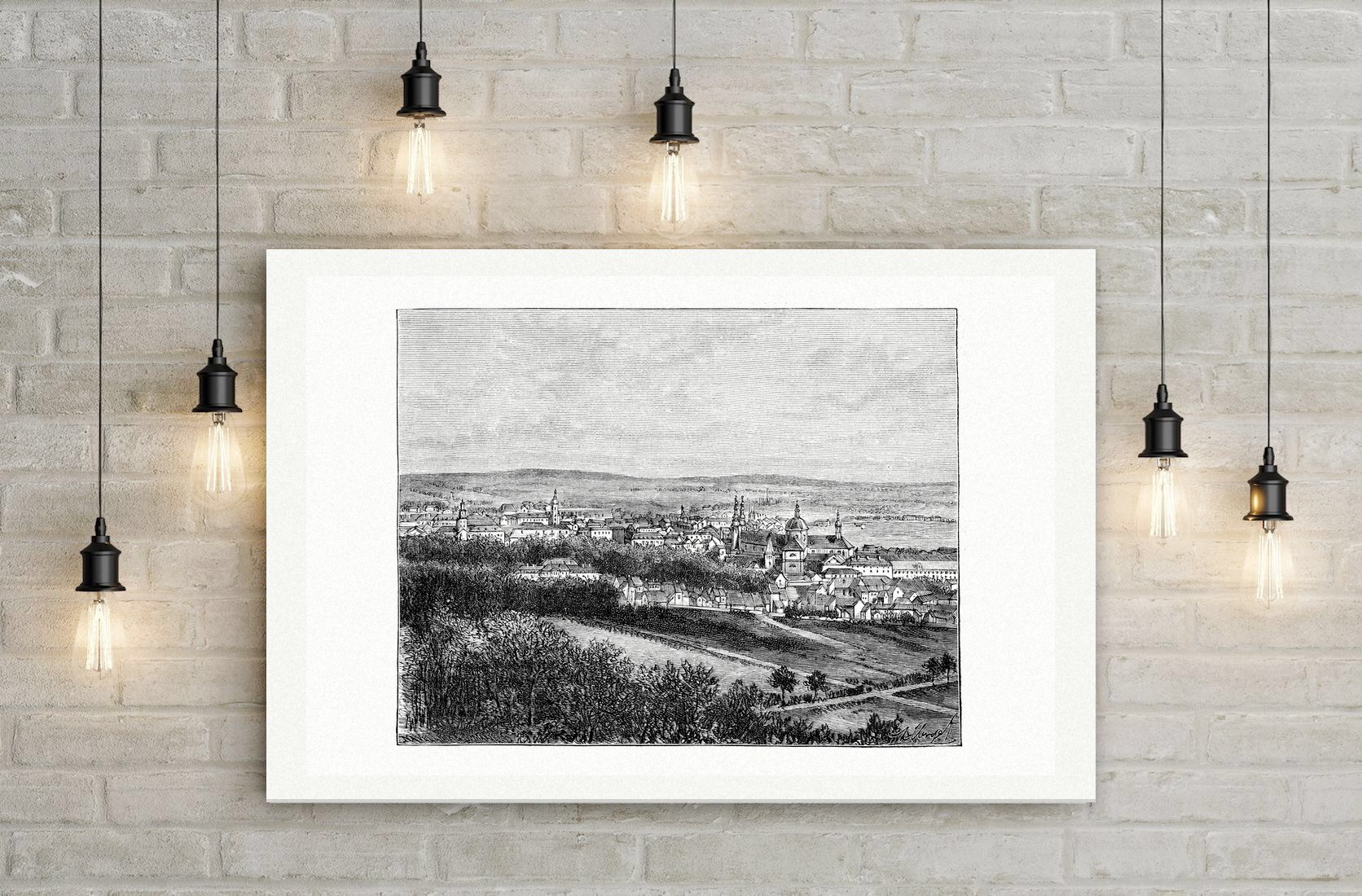 Fulda, Blick auf die Stadt mit dem Dom – Holzstich, Leinwanddruck auf Holzkeilrahmen an der Wand