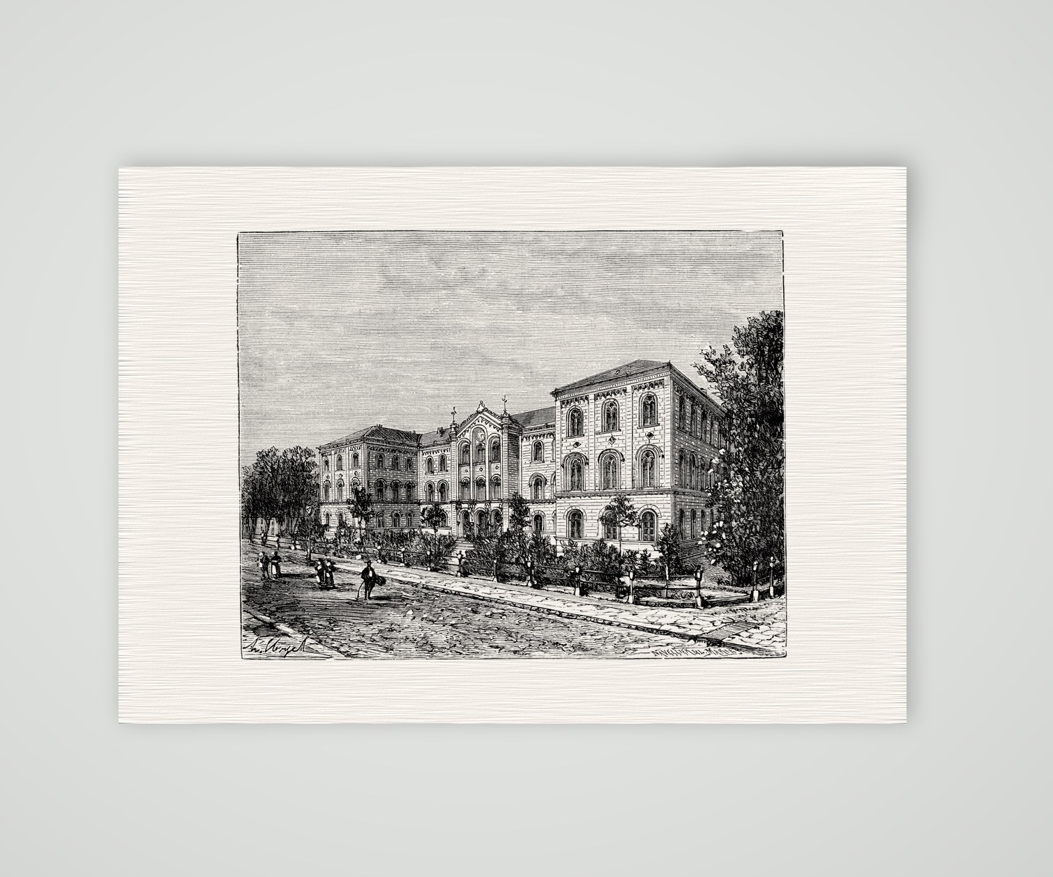 Göttingen, die Universität – Holzstich, Kunstdruck auf Leinenpapier