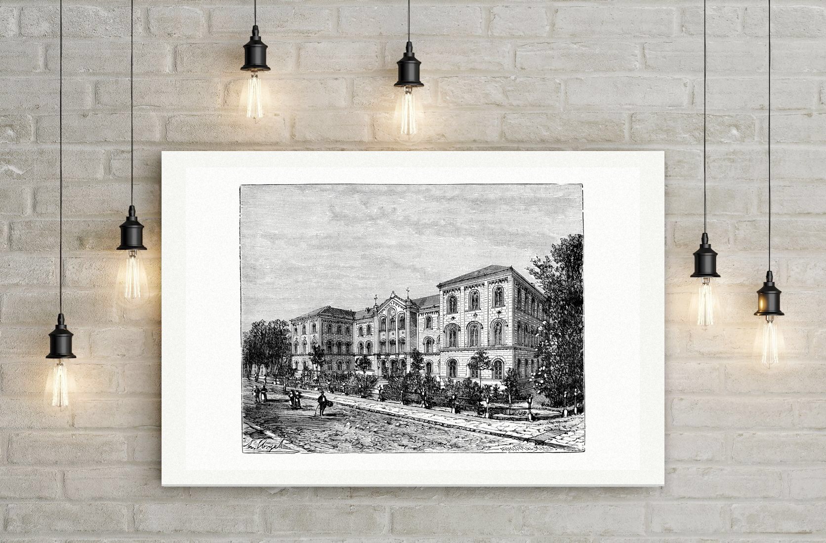 Göttingen, die Universität – Holzstich, Leinwanddruck auf Holzkeilrahmen an der Wand