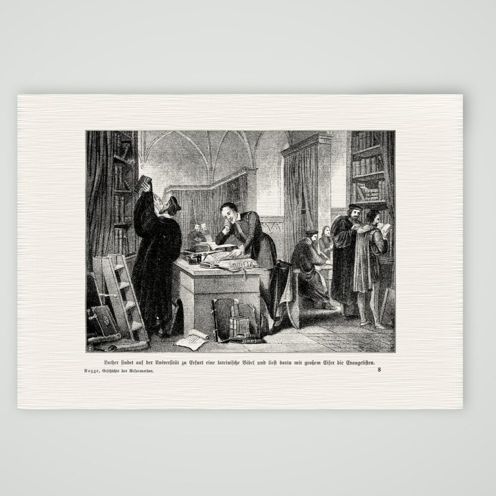 Luther findet in Erfurt die lateinische Bibel – Kunstdruck auf Leinenpapier