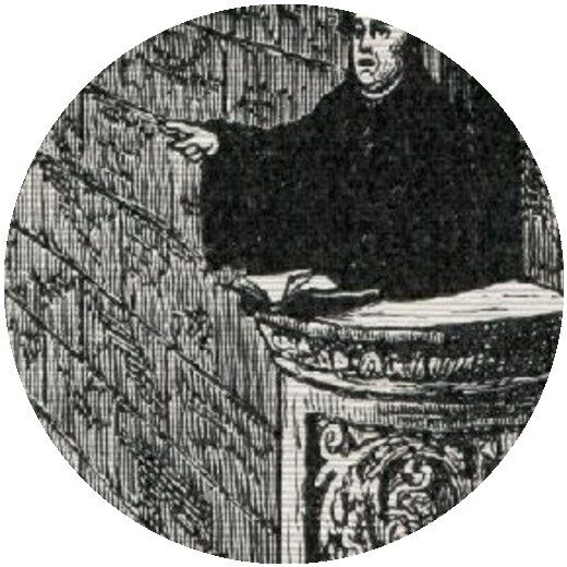 Detail einer restaurierten Vorlage: Martin Luther auf der Kanzel in klaren Stichlinien