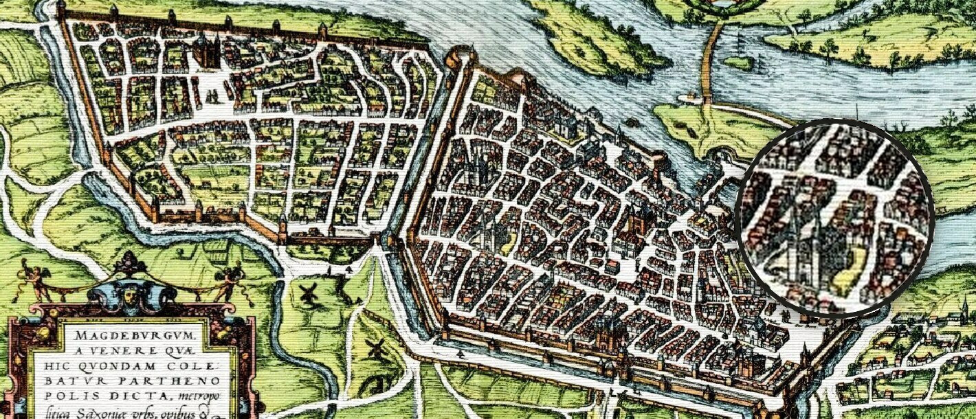 Kolorierter Kupferstich von Magdeburg aus dem 16. Jahrhundert, ein Lupenausschnitt zeigt die feinen Stichlinien vergrößert